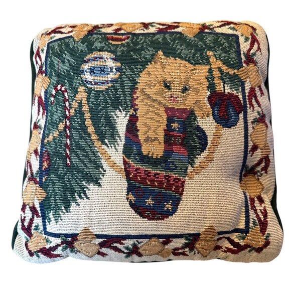 Vintage? Kitty Christmas Tapestry Pillow 11 x11' Holiday Cat Stocking Tree Decor - Picture 2 of 6